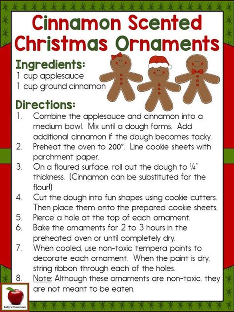 Kelly's Classroom Online: How to Make Cinnamon Scented Christmas Ornaments Cinnamon And Applesauce Ornaments Recipe, Cinnamon Ornament Recipe, Applesauce Ornaments, Cinnamon Applesauce Ornaments, Cinnamon Recipe, Scented Ornaments, Diy Christmas Gifts For Kids, Cinnamon Ornaments, Hanukkah Crafts