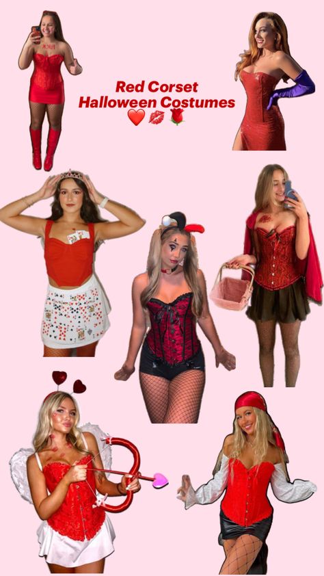 Red, Costume, Halloween, Costume, DIY, Inspo Cute Corset Halloween Costumes, Red Corset Halloween Costumes, Corset Costumes Halloween, Halloween Costumes Corset, Character Day Ideas, Corset Halloween Costumes, Halloween Corset, Corset Costumes, Red Costume