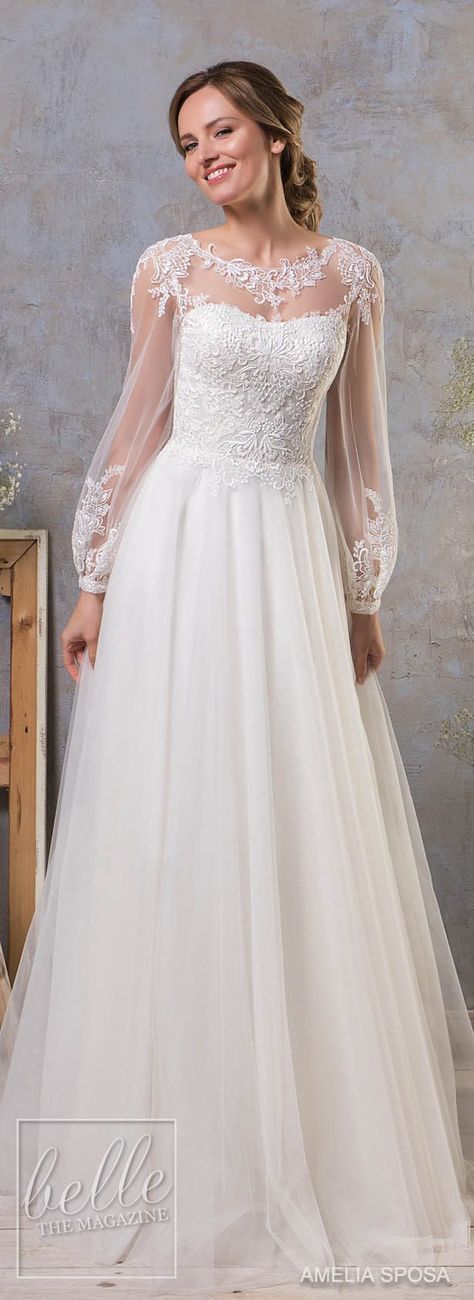 Amelia Sposa Fall 2018 Wedding Dresses Wedding Dresses Fall, Anna Campbell Wedding Dress, Wedding Dress With Lace, Dresses Fall, Lace Bride, A Line Wedding Dress, Jewel Neckline, Fall Wedding Dresses, Winter Wedding Dress