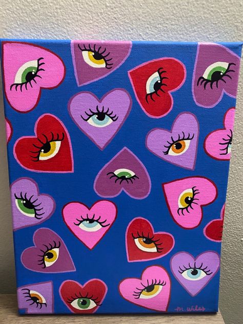 Hearts With Eyes Painting, Easy Paint Aesthetic, Easy Hippie Drawing, Easy Trendy Paintings, Positive Paintings Canvases, Easy Diy Painting Canvas Ideas, Easy Patterns To Paint, Trippy Art Ideas Easy, Cool Art Paintings Trippy