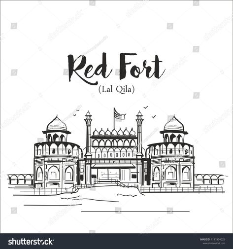 Redfort Delhi Drawing, Red Fort Delhi Drawing, Red Fort Sketch, Nineveh City, Red Fort Drawing, Lal Qila Delhi, Monuments Painting, Historical Monuments Of India, Fort Drawing