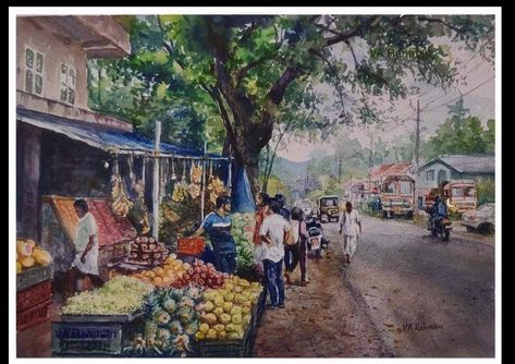 Village Market Scene Drawing, Paintings References, Galaxy Art Painting, Figure Composition, Illustrator Painting, Feel Good Pictures, Village Drawing, Memory Drawing, Beautiful Pencil Drawings