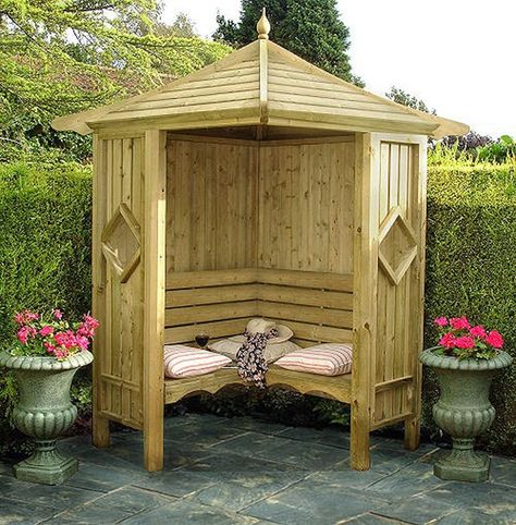 Shire Corner Gazebo Arbor Seat - Hexagon Gazebo Style Design Corner Arbour, Corner Gazebo, Arbour Seat, Arbor Bench, Wooden Arbor, Pergola Diy, Beautiful Home Gardens, Wooden Gazebo, Building A Pergola