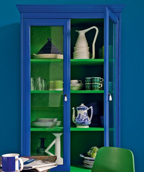 Ikea Edland, Dining Room Cupboards, Alcove Storage, Cabinet Trends, Green Shelves, Green Dining Room, Blue Cabinets, Dining Room Storage, Beauty Inspo