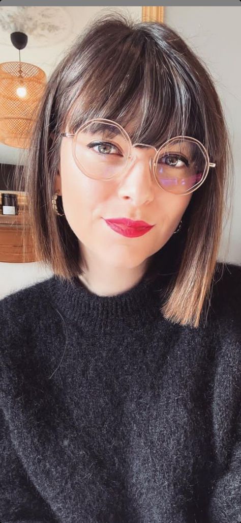 Bob With Curtain Bangs Straight Hair, Short Hair Bangs Glasses, Bob Bangs Glasses, Shoulder Length Hair With Bangs Straight, Bob With Bangs And Glasses, Wide Face Hairstyles, Cute Hairstyles For Short Hair With Bangs, French Bob Straight Hair, Blonde Balayage With Bangs