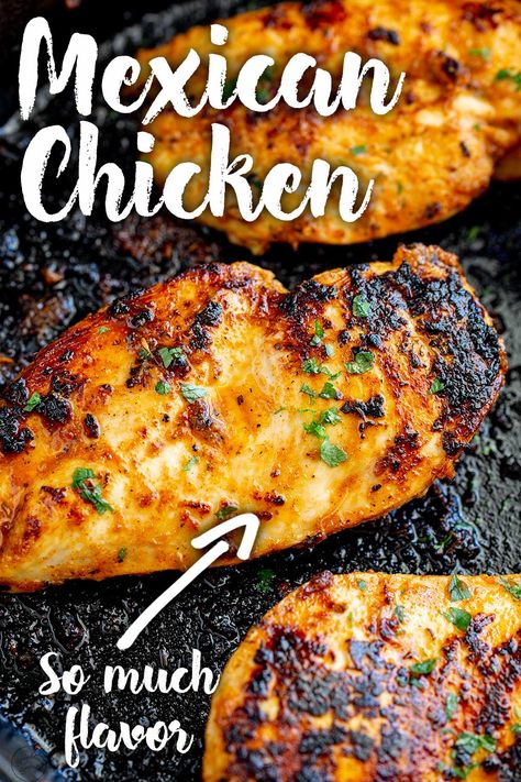 This Mexican chicken is packed with flavor and is a great family-friendly way to cook boneless, skinless chicken breasts. Perfect for a midweek meal. The boneless chicken breasts are marinated in a delicious mixture of spices, garlic, lime, and orange, keeping the breasts juicy and infuses them with plenty of flavor. Perfect for Taco Tuesday! Baked Skinless Chicken Breast, Spicy Chicken Breast Recipes, Mexican Chicken Breast Recipes, Mexican Chicken Breast, Recipes With Chicken Breast, Boneless Skinless Chicken Breast Recipes, Spicy Chicken Breast, Skinless Chicken Breast Recipes, Chicken Breast Dishes