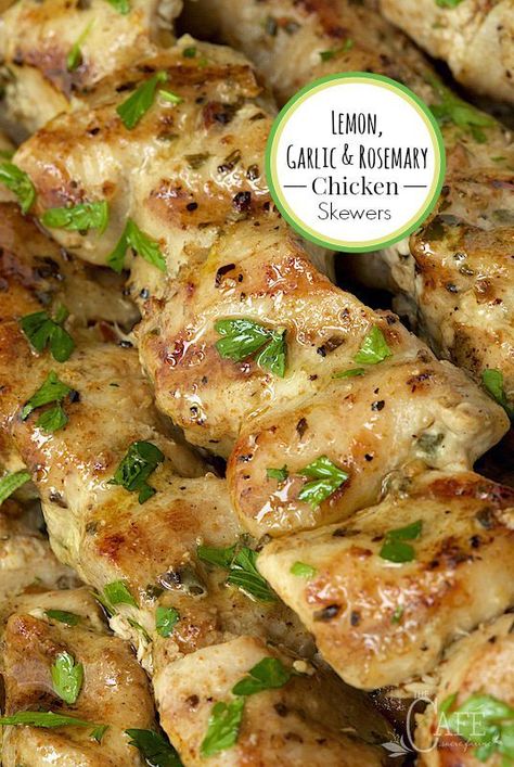 Lemon, Garlic and Rosemary Chicken Skewers - Kids, adults, teenagers... everyone loves these moist, super delicious grilled chicken skewers. They're great for entertaining as all of the prep can be done ahead! Garlic Rosemary Chicken, Grilled Chicken Skewers, Rosemary Chicken, Grilled Chicken Recipes, Chicken Skewers, Poultry Recipes, Lemon Chicken, Skewers, Grilling Recipes