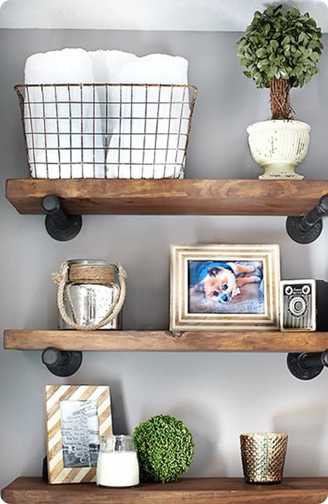 Reclaimed Wood and Metal Wall Shelves {Restoration Hardware inspired} Rustic Wood Shelving, Diy Restoration Hardware, Restoration Hardware Inspired, Metal Wall Shelves, Decor Ikea, Floating Shelves Diy, Wooden Bathroom, Industrial Shelving, Estantes Flotantes