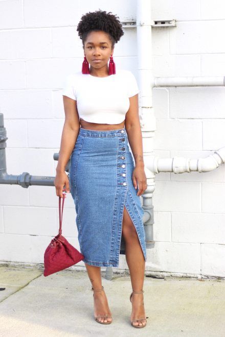 Buttoned Denim Skirt Womens Jean Skirt Outfit, Button Denim Skirt Outfit, Denim Skirt Outfit Ideas, Denim Skirt Outfit Summer, Summer Denim Skirt, Long Denim Skirt Outfit, Stylish Business Outfits, Denim Button Skirt, Jean Skirt Outfits