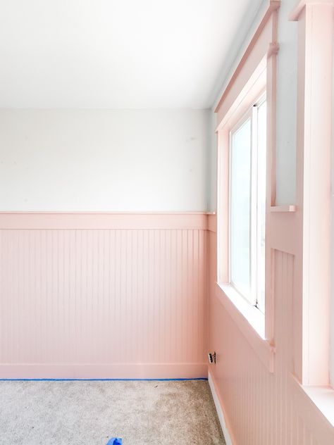 Pink Bead Board, Beadboard Nursery, Girls Nursery Pink, Beadboard Accent Wall, Beadboard Bedroom, Beadboard Wall, Pink Accent Walls, Nursery Makeover, Bead Board Walls