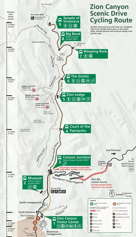 Map of cycling routes in Zion National Park All Traffic Signs, The Narrows Zion, Temple Of Sinawava, Kolob Canyon, Zion Park, Utah Trip, Riverside Walk, Zion Canyon, The Narrows