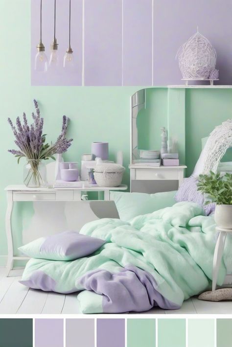 Discover the 5 stunning Sherwin Williams color palettes featuring calming Mint Green and elegant Lavender to transform your room into a serene haven.
#ad  


#Painting
#wallpaint2024
 #color2024
 #DIYpainting
 ##DIYhomedecor
 #Fixhome Mint Green Home Decor, Lavender Room Ideas Color Combinations, Lavender And Mint Bedroom, Mint Green Room Ideas Bedrooms, Mint Color Room, Colors With Mint Green, Mint Green Color Palette, Lavender Living Room, Green Room Colors