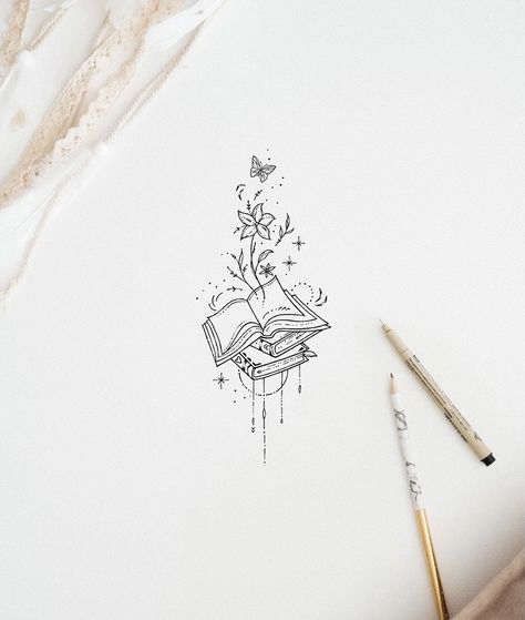 Tiny Book Tatoos, Tulips And Daisy Tattoo, Book With Music Notes Tattoo, English Major Tattoos, Tattoo Ideas In Honor Of Mom, Small Book Related Tattoos, Small Tattoo Ideas Books, Cute Bookish Tattoos, Bookish Quote Tattoos