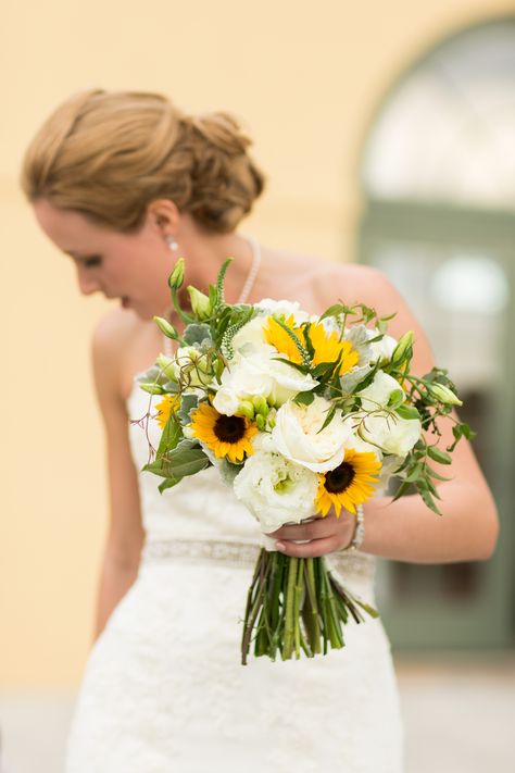 Sunflower and Ivory Rose Bridal Bouquet Sunflower And White Rose Bouquet, Roses And Sunflowers Wedding, Roses And Sunflowers, Lilac Wedding Bouquet, Yellow Wedding Bouquet, Sunflowers And Roses, White Rose Bouquet, Sunflower Wedding Bouquet, Sunflower Themed Wedding