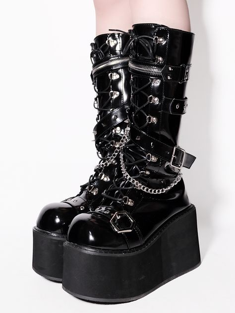 This price is for a pair of boots only, others are not included. Fabric:PUShoes Details:Buckle Straps / Metal Plates / Silver-tone Studs / Zip Closure at Sides Size 35 36 37 38 39 40 Foot Length 22.5 23 23.5 24 24.5 25 Heel 5-8 5-8 5-8 5-8 5-8 5-8 Bootleg Height 29 29 29 29 29 29 Alternative Boots, Gothic Heels, Goth Platform Shoes, Emo Shoes, Emo Boots, Goth Outfit, Goth Boots, Punk Shoes, Alternative Shoes