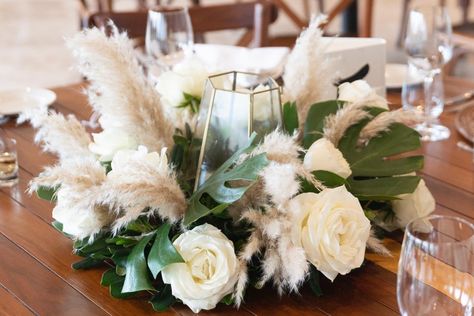 Pampas Grass And Palm Leaves Centerpiece, Eucalyptus And Pampas Grass Centerpiece, Matrimonio Pampas, Tiered Candle Centerpiece, Pampas Centerpiece, Palm Leaf Centerpiece, Pampas Grass Centerpiece, Weddings At The Beach, Water Centerpieces