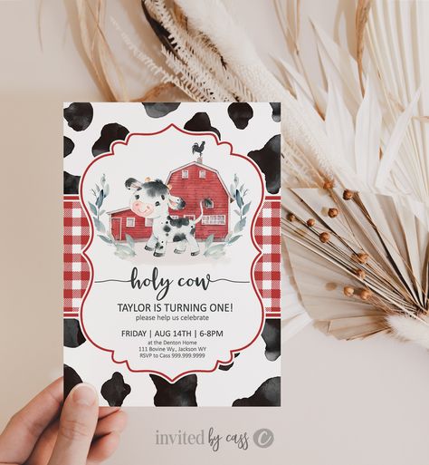 Holly Cow I’m One, Holy Cow Im One Birthday Boy, Cow Themed Birthday Party Zazzle, Cow Birthday Invitations, Holy Cow I’m One, Cow Theme Invitations, Holy Cow Im One, Holy Cow I’m Turning One Invitations, John Tyler