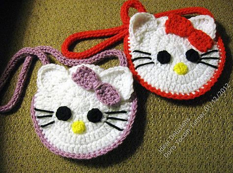 Crochet Hello Kitty, Kat Haken, Hello Kitty Crochet, Hello Kitty Purse, Confection Au Crochet, Crochet Shell Stitch, Pola Amigurumi, Bag Pattern Free, All Free Crochet