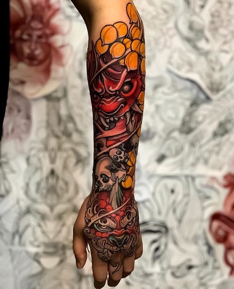 Japanese Ink on Instagram: “Japanese hand and half-sleeve tattoo by @tattooluckyone. As always, don’t forget to swipe left to see both photos!  #irezumi #newschool…” Japanese Koi Fish Tattoo, Koi Tattoo Sleeve, Funky Tattoos, Koi Tattoo, Japanese Mask, Koi Fish Tattoo, Japanese Koi, Japanese Sleeve, Half Sleeve Tattoo