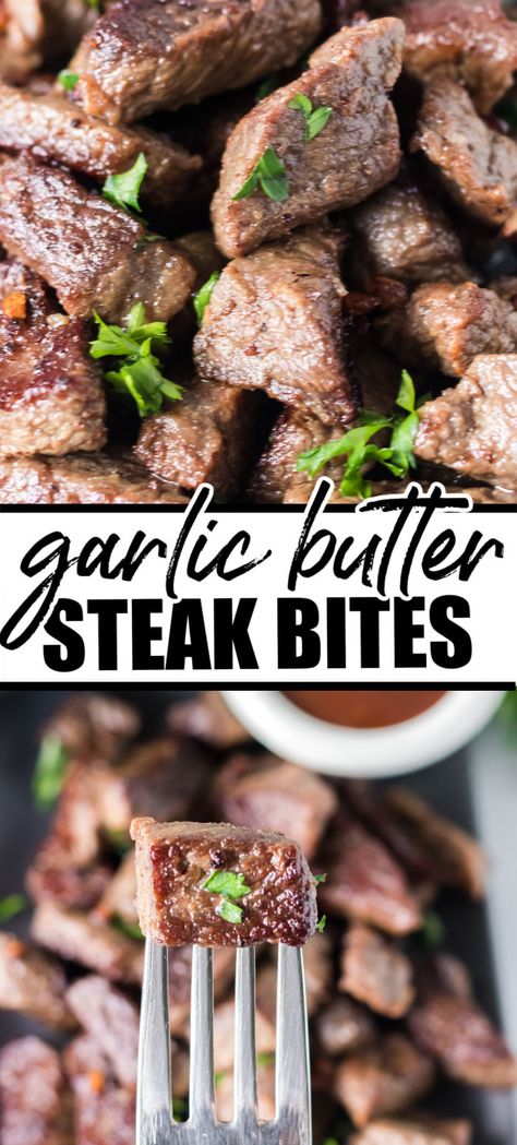 Garlic Steak Bites take just minutes to prepare...and minutes to eat! Served as a main dish with sides or as an appetizer, these bites are perfectly seasoned with just salt, pepper, garlic, and butter. | www.persnicketyplates.com Butter Steak Bites Recipe, Garlic Steak Bites, Garlic Butter Steak Bites, Butter Steak Bites, Steak Bites Recipe, Garlic Steak, Mango Avocado Salsa, Avocado Chicken, Butter Steak