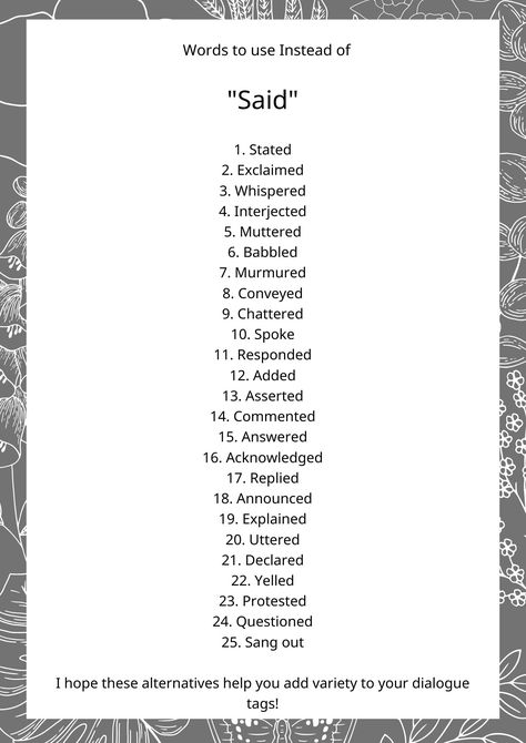 Instead Of Saying Said, Story Words Writing, Other Ways To Say Said In Writing, How To Say Said In Different Ways, Another Way To Say Said, Dialogue Words, More Words For Said, Things To Say Other Than Said, Other Ways To Say Said