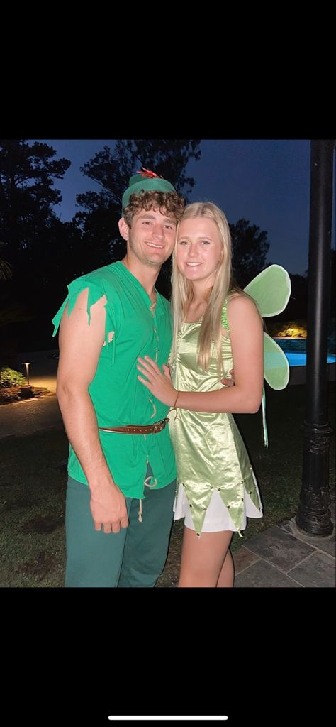 Tickerbell and Peter Pan Costume Peter Pan Halloween Costume, Tinkerbell And Peter Pan, Peter Pan Halloween Costumes, Cute Tinkerbell, Peter Pan Halloween, Couple Halloween Costume, Peter Pan Costume, Cute Group Halloween Costumes, Couples Halloween Costume