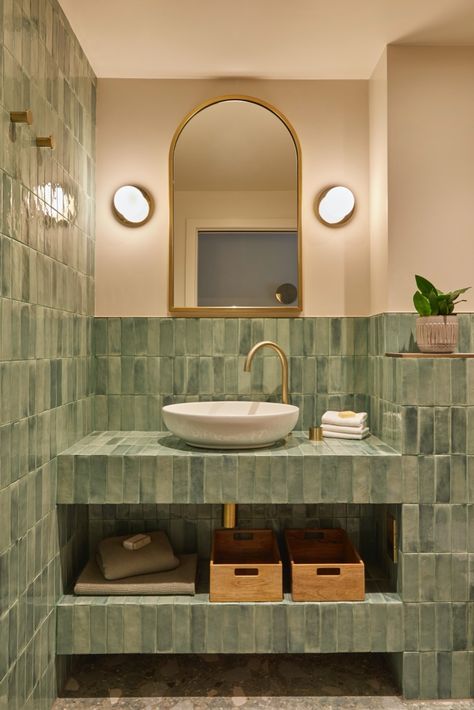 https://www.claybrookstudio.co.uk/fellini-pianta-gloss.html Terrazzo Floor Tiles Bathroom, Green Cloakroom Toilet, Green Zellige Tile Bathroom, Terracotta And Green Bathroom, Moss Green Bathroom, Green Terrazzo Bathroom, Bathroom Terracotta, Zellige Tile Bathroom, Bread Bar