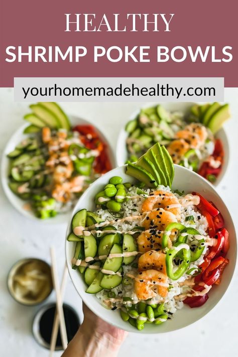 Shrimp Poke Bowl Recipe, Shrimp Poke Bowl, Shrimp Sushi Bowl, Sriracha Mayo Sauce, Sweet Sushi, Sushi Bowls, Shrimp Sushi, Poke Bowl Recipe, Make Sushi