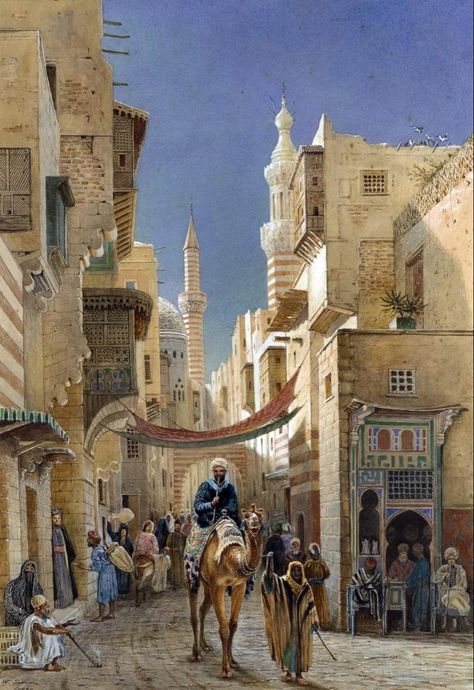 Arabian Market, Old Cairo, Middle Eastern Art, Arabian Art, Old Egypt, Eastern Art, Islamic Paintings, Fantasy City, Arabic Art