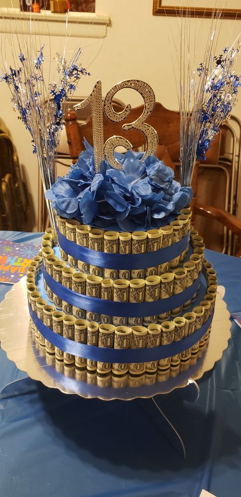 I made this Money Cake for my son 13th Birthday. I used $113 in ones since he was turning 13. 15 Year Birthday Ideas, 13yrs Old Birthday Ideas, Cake For 13th Birthday Boy, 13tg Birthday, 13th Boy Birthday Party Ideas, Boys 15th Birthday Ideas, 13th Birthday Boy Ideas, 13 Boy Birthday Ideas, 14th Birthday Cakes Boy