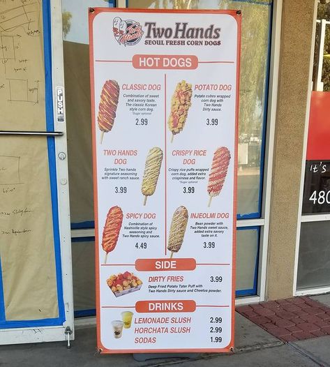 Two Hands Corndog, Street Food Cart Design Ideas, Corndogs Korean, Logo Korea, Lemonade Slush, Dirty Fries, Food Startup, Korean Corn, Deep Fried Potatoes