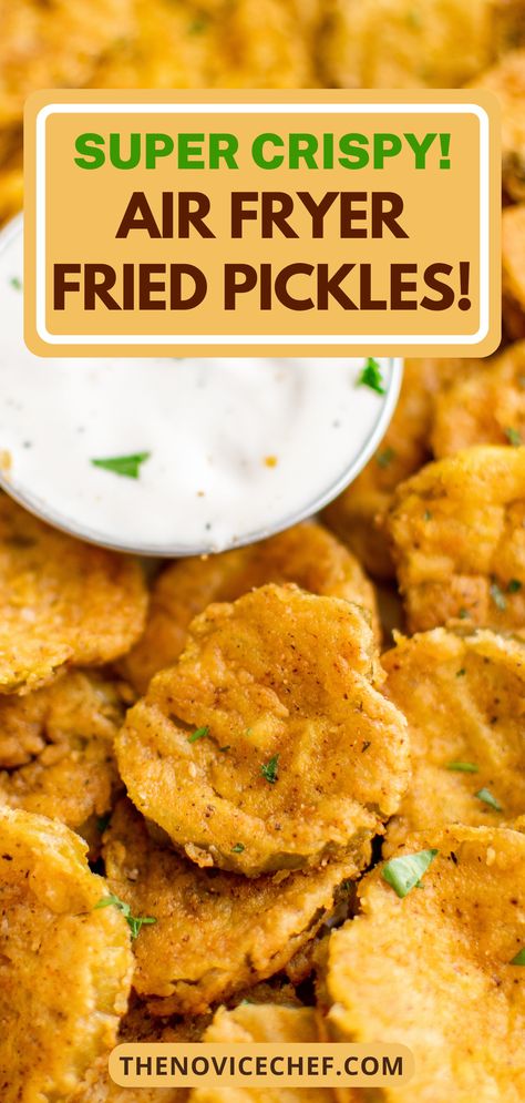 Light, tangy, and crispy, Air Fryer Fried Pickles are healthier than the restaurant version. Serve them up with a side of ranch and some juicy burgers for a fun date night or family meal! Crispy Fried Pickles, Garlic Aoili, Fried Pickle Spears, Air Fryer Fried Pickles, Fried Dill Pickles, Pickle Appetizers, New Year's Snacks, Fried Pickles Recipe, Juicy Burgers