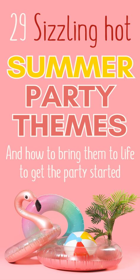 Summer time is perfect for hosting outdoor backyard parties for families and friends, especially birthday parties and celebrations. So here is a big list of summer party themes and summer party ideas to help you plan and host a sizzling hot party in the summer. There are ideas for kids, teens and adults for ways to turn your backyard into a venue for a summer daytime or night-time, outdoor movie night, luau, outdoor casino, barn dance, teddybear picnic, pool party, food, games, activities ideas Summer Pool Party Ideas For Teens, Adult Pool Party Themes, Theme Night Ideas For Adults, Summer Theme Party Ideas For Adults, Pool Party Themes For Adults, Summer Party Themes For Adults, Fun Themed Parties For Adults, Adult Summer Party, Pool Games For Kids