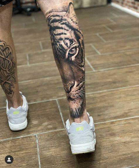 Tiger Tattoo For Men Leg, Tiger Leg Sleeve Tattoo Men, Tiger Leg Tattoo Men, Tattoo Ideas For Men Leg Calves, Leg Tattoo Men Calves, Tiger Tattoo Leg, Tiger Tattoo On Leg, Tiger Leg Tattoo, Kurt Tattoo