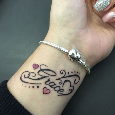 Name Tattoos For Girls, Name Tattoo On Hand, Grace Tattoos, Name Tattoos On Wrist, Omerta Tattoo, Wrist Tattoos For Women, Name Tattoo Designs, 1 Tattoo, Wrist Tattoo