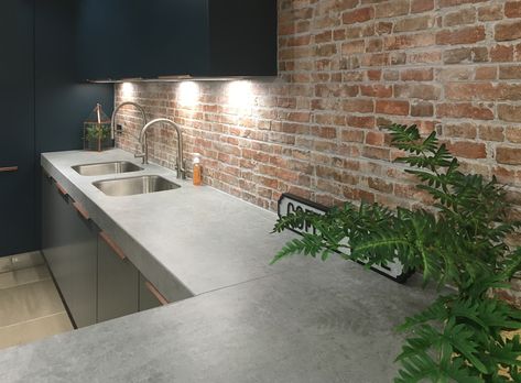 Grey Kitchen Brick Wall, Concrete Countertops Brick Backsplash, Brick And Concrete Kitchen, Blue And Concrete Kitchen, Brick And Concrete Interior, Brick Wall Interior Kitchen, Concrete Worktop Kitchen, Brick Wall Kitchen Ideas, Concrete Kitchen Ideas