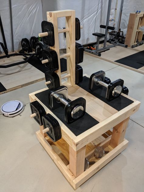 I built an Ironmaster dumbbell stand today Dumbell Stand Diy, Dumbbell Stand Diy, Dumbell Rack Diy, Dumbell Rack, Wood Dumbbell Rack, Dumbell Wooden Rack, Home Office Man Cave, Diy Gym Equipment, Gym Setup