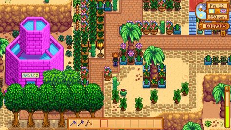 Laid out a desert garden for stardew valley pt 5 Stardew Valley Desert Layout, Stardew Valley Desert, Stardew Valley House, Patio Oasis Ideas, Patio Oasis, Stardew Valley Layout, Stardew Valley Tips, Stardew Valley Farms, Desert Garden