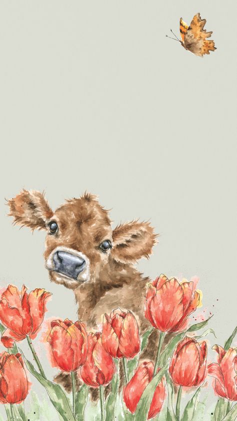 Iphone Cow Wallpaper, Spring Wallpaper Tulips, Farmhouse Phone Wallpaper, Wrendale Designs Animals, Cute Spring Phone Wallpapers, Wrendale Wallpaper, Cute Cow Wallpaper Iphone, Tulip Phone Wallpaper, Cute Cow Lockscreen