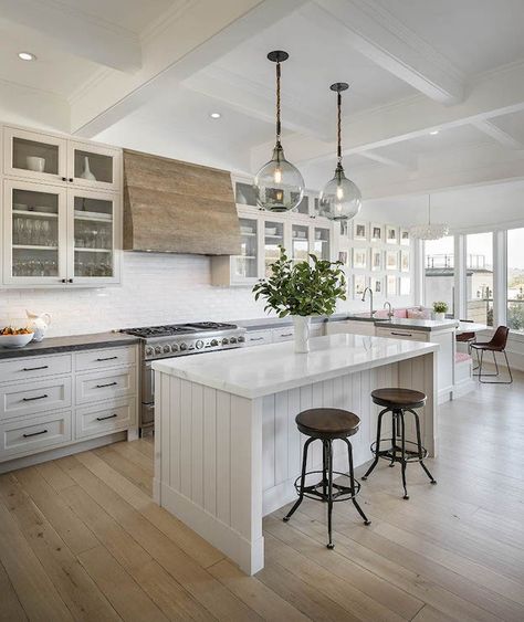 Wood Hood, Shiplap Kitchen, Kitchen Hood Design, Kitchen Fan, Classic White Kitchen, Brick Fireplace Makeover, White Kitchen Island, Light Wood Floors, Kitchen Hoods