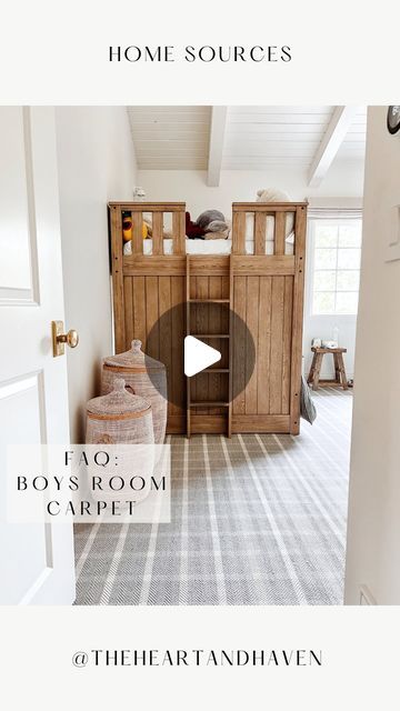 Erin Broege |  theheartandhaven.com on Instagram: "Things to consider before you buy this carpet! 

It’s Stanton Carpet Tattersall in Heather Grey (their Crescent line).This was NOT cheaper than installing wood floor!

It’s 100% wool (I looove me a natural fiber) and has held up great so far! However, I was told by multiple stores that I could not put a memory foam pad underneath it because it would negate the warranty since it is a thinner rug with intricate stitching.  So there is felt underneath, but it is not cushiony underfoot. 

Overall, I would 100% choose this again because it adds a  permanent-ish style to the room which I love (an area rug wouldn’t have worked because of the bunk beds and shape of the room) and the pattern is classic!

Want sources for the rooms? Like and comment Tattersall Carpet, Stanton Carpet, Like And Comment, Basement Design, Bunk Beds, Wood Floors, Crescent, Basement, Heather Grey