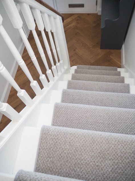 Hallway Renovation 1930s Stairs Stair Runner Carpet Grey Wool  #Hallway #HouseRenovation #1930sHouse #Stairs #Herringbone #ParquetFloor #OakFloor #StairRunner  #Hall #CarpetRunner Stair Runner Hallway, Grey Carpet On Stairs, Hallway Stair Runners Ideas, Grey Runner Stairs, Runner Up Stairs, White Painted Stairs With Carpet Runner, Grey Carpet Stairs, Grey Stair Runner, Grey Carpet Runner On Stairs