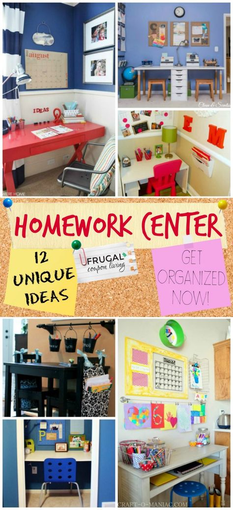 Home Command Centers and Homework Center Ideas - Get organized balancing work, home and school with these work form home homework stations. #homework #schoolwork #school #workfromhome #workathome #FrugalCouponLiving #classwork #homeworkcenter #homeworkstation Kitchen Table Homework Station, Homework Organization At Home, Kindergarten Homework Station, Homeschool Station, Homework Station For Kids, Homework Corner, Family Command Center Ideas, Kids Study Spaces, Homeschooling Room