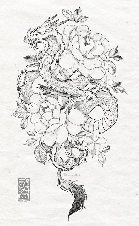 Two Dragon Back Tattoo, Phoenix Tramp Stamp Tattoo, Dragon With Flowers Tattoo Designs, Dragon And Flower Tattoo Design, Big Dragon Tattoo For Women, Chinese Dragon And Flowers Tattoo, Coloured Dragon Tattoo, Flowers And Dragon Tattoo, Dragon With Lilly Tattoo