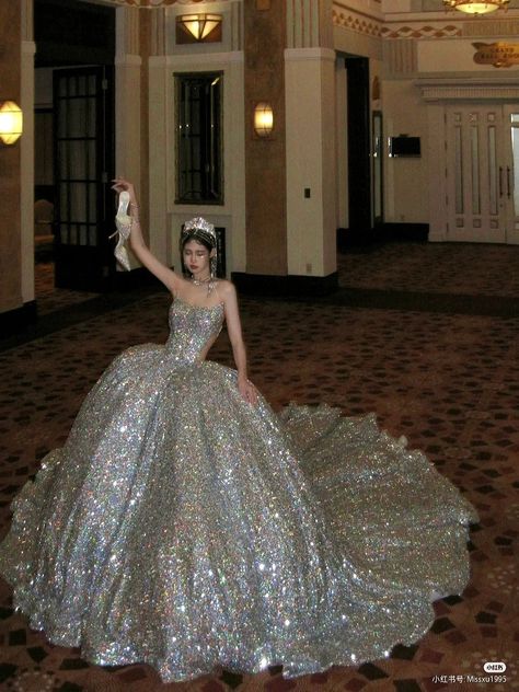 Puffy Formal Dresses, Sparkly Bridal Outfit, Big Prom Dresses Ball Gowns, Big Puffy Dresses, Aesthetic Quinceanera Dresses, Silver Princess Dress, Silver Quinceanera Dresses, Prom Dresses Puffy, Big Prom Dresses