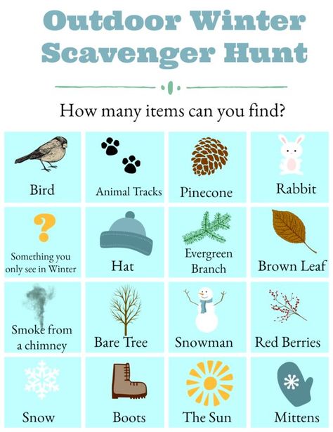 Printable Winter Scavenger Hunt list - Edventures with Kids Winter Scavenger Hunt, Scavenger Hunt List, Family Activities Preschool, Outdoor Activities For Toddlers, Photo Scavenger Hunt, Winter Activities For Kids, Winter Outdoor Activities, Scavenger Hunt For Kids, Winter Preschool