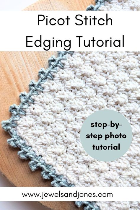 A cotton crochet washcloth with a picot stitch edge. How To Crochet A Picot Stitch, Crochet Border For Dishcloth, How To Crochet Borders, Crocheting Edging And Borders, Alpine Stitch Crochet Blanket Border, How To Crochet Picot Edging, Crochet Blanket Edging Easy, Simple Crochet Edges For Blankets, One Row Crochet Border