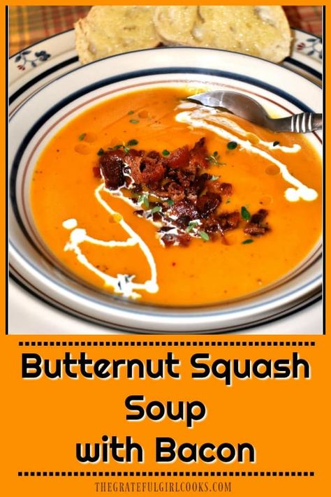 Butternut Squash Soup with Bacon is creamy, thick, and absolutely DELICIOUS! Satisfy even the pickiest of eaters with a bowl of this soup on a cold day! via @gratefuljb Butternut Squash Soup With Bacon, Squash Soup With Bacon, Recipe Tortilla, Bacon Soup Recipes, Appetizers Cheese, Bacon Chowder, Soup With Bacon, Bacon Soup, Mushroom Soup Recipes