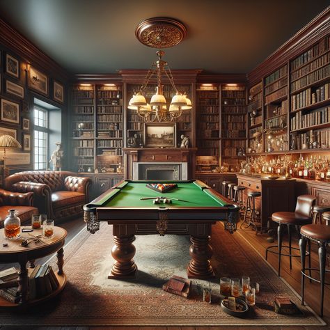 Experience vintage elegance in this man cave feat. a grand billiard table, mahogany library, whiskey bar & an inviting fireplace. Antique photographs & plush leather furnishing add a classic touch. #VintageManCave #HomeBar #Billiards #LuxuryInteriors #VintageDesign #FireplaceDesign. English Billiards Room, Small Billiard Room, Billiard Room Ideas, Billards Room, Fireplace Antique, Mahogany Library, Simulator Room, Billiards Bar, Antique Billiards