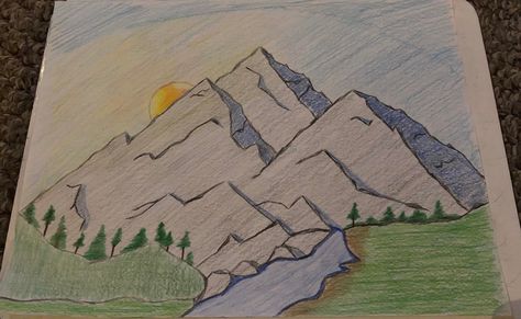 Mountain Drawing Colored Pencil, Mountain Range Drawing, Mountains Drawing, Mountain Drawing, Queen Art, Mountain Sunset, Mehndi Designs For Fingers, Arts Award, Landscape Drawings